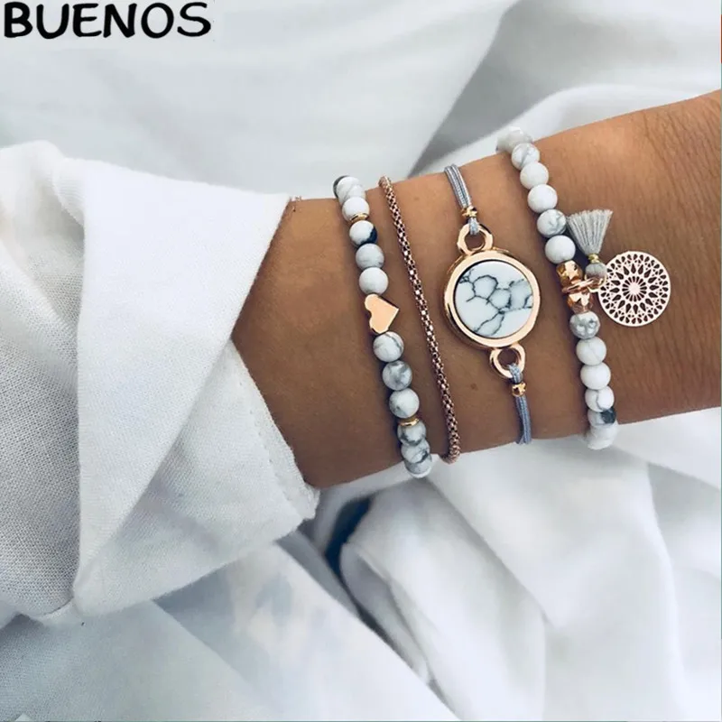 

BUENOS Bohemian Handmade Weave Heart Long Tassel Bracelet Sets Women 2019 New Grey Rope Chain Bracelets Jewelry Christmas Gift