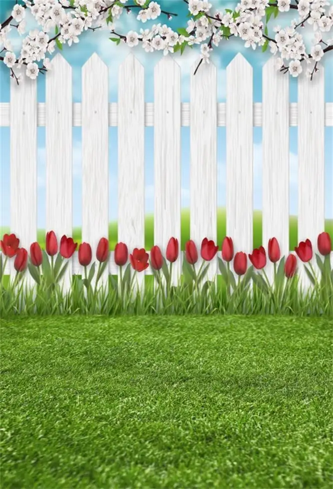 

Laeacco Photo Backdrop For Photography Gray Wooden Fence Green Grass Lawn Flowers Rose Baby Child Photo Backgrounds Photo Studio