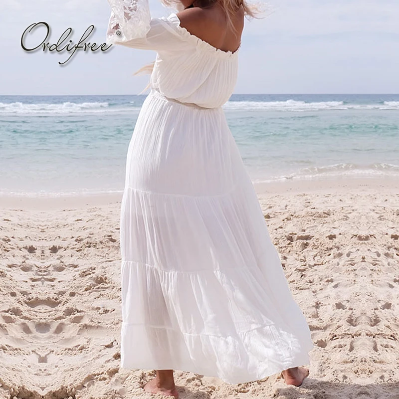 Летний Сарафан длинное женское белое пляжное платье без бретелек с длинным рукавом свободное сексуальное кружевное богемное хлопковое Макси платье