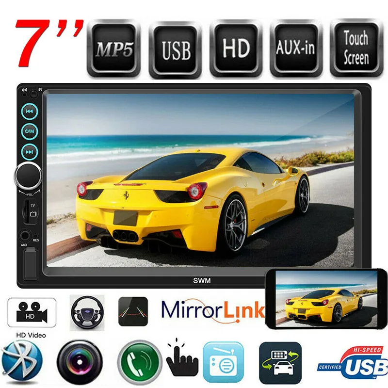 

7'' Double 2DIN Touch Car Stereo Radio MP5 MP3 Player FM Radio Handfree Call Bluetooth Speakers Rear Camera Screen
