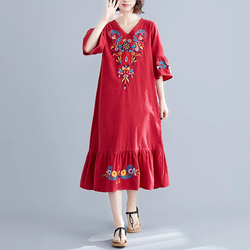 Johnature Women Dresses New Arrival Summer Floral Print Embroidery V-neck Loose Half Sleeve 3 Colors One Size Dress Women
