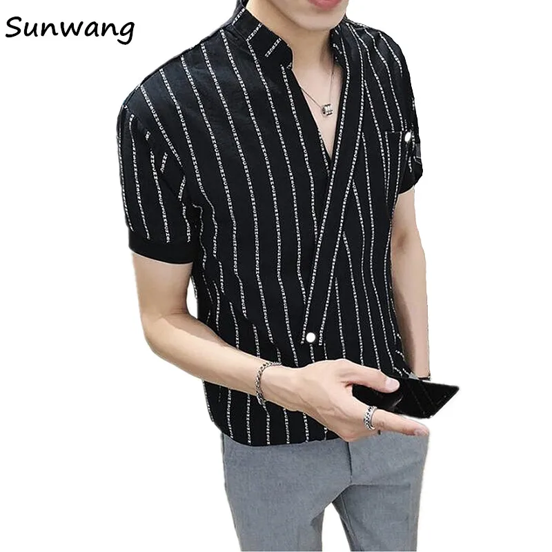 

2019 Summer Blouse Men Hawaii V Neck Striped Short Sleeve Shirt Unique Loose Casual Male Shirt Korean Fashion Shirts Mens Dress