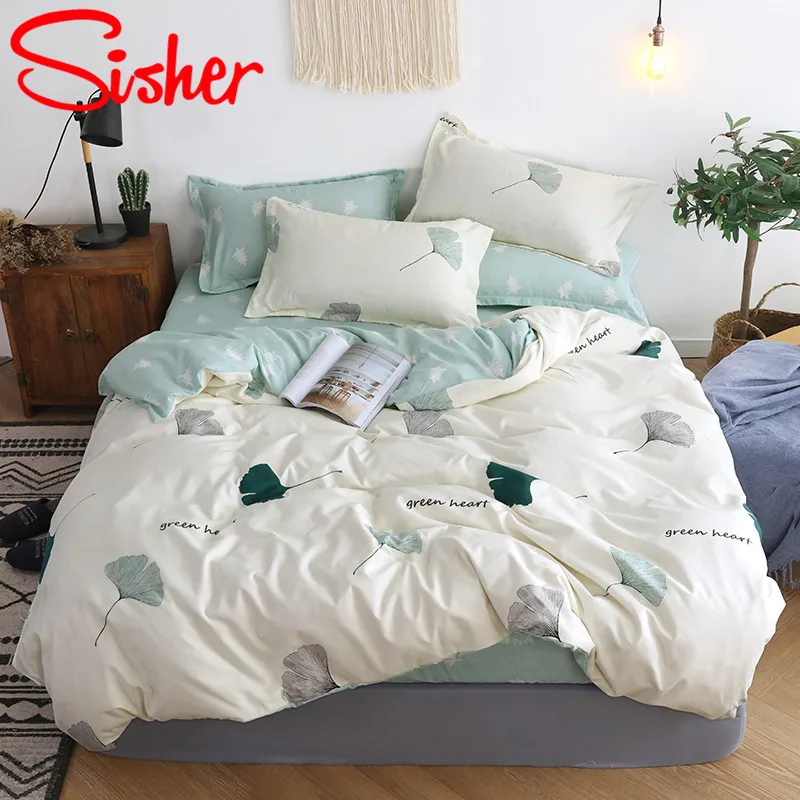 Sisher Pastoral Green Leaf Print Duvet Cover Set Cotton Polyester Adult Comforter Bedding Sets Size Single Double Queen King - Цвет: Светло-зеленый