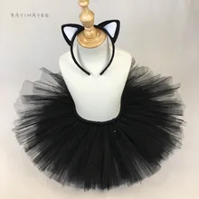 Милая Черная юбка-пачка с рисунком кота для маленьких девочек Детская пышная фатиновая юбка-пачка, балетная юбка-американка с бантом для волос, детский праздничный костюм юбка на Хэллоуин