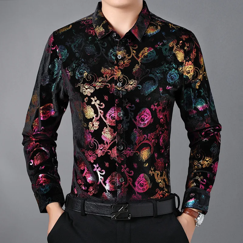 

EL006 Creative color 3d flower pattern print long sleeve shirt Autumn 2018 high-quality soft comfortable luxury shirt men M-XXXL