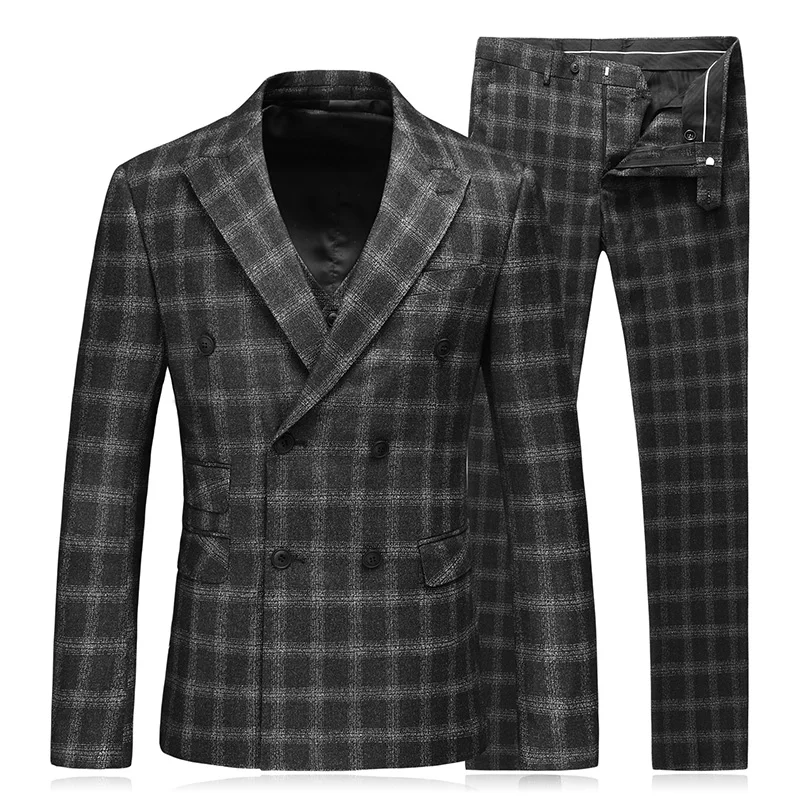 

2019 New Spring Men's suits Mens Fashion lattice Double Breasted Business Casual Silm wedding 3 piece suit Blazer With PantsVest