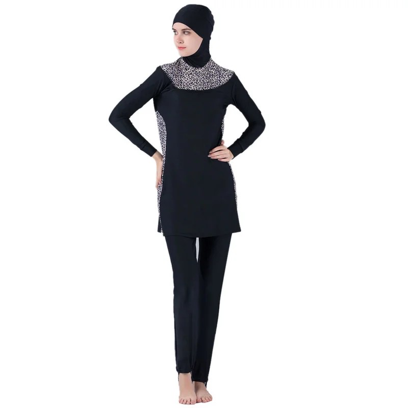 

Muslim Swimwear Mayo Women Modest Patchwork Full Cover Long Sleeve Swimsuit Islamic Hijab Islam Leopard Print A Modest Swimsuit