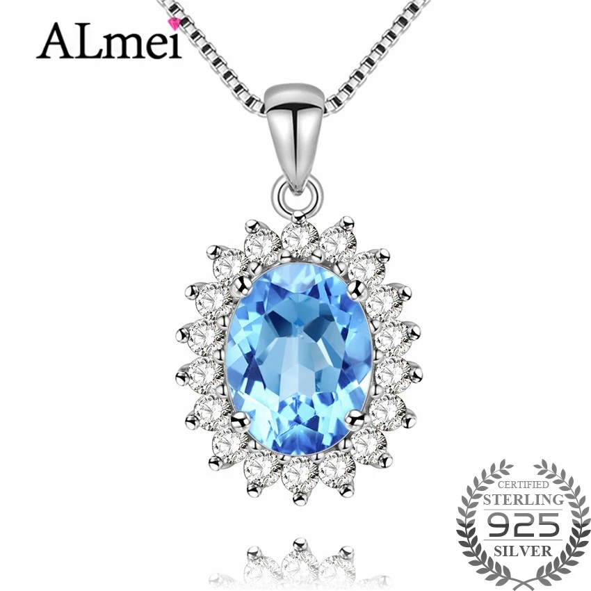 Almei Princess натуральный голубой топаз Halo подвеска из чистого серебра 925 | Ожерелья -32982105010
