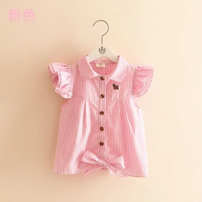 Летнее платье в полоску с рукавом «бабочка» для девочек; одежда для малыша, для ребенка, футболка с коротким рукавом - Цвет: Розовый