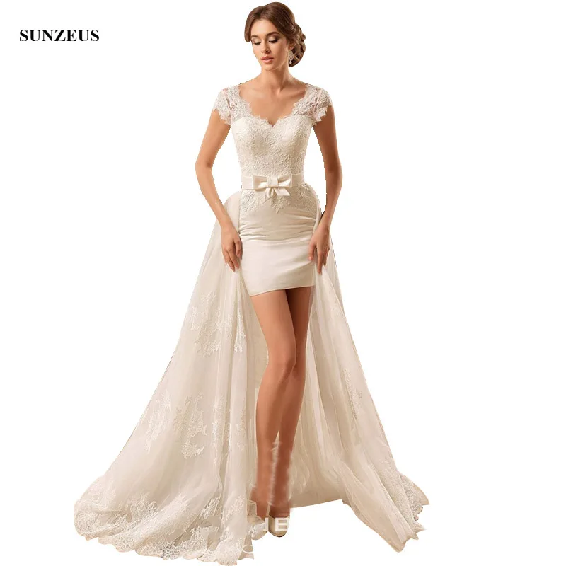 

Detachable Train High Low Sexy Short Wedding Dresses Cap Sleeve Lace Summer Beach Wedding Gowns robe mariage S1099