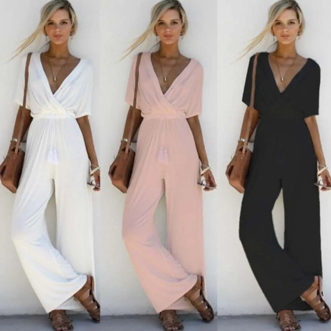 

Newest Summer Casual Women V Neck Loose Playsuit Party Ladies Romper Short Sleeve Long Jumpsuit