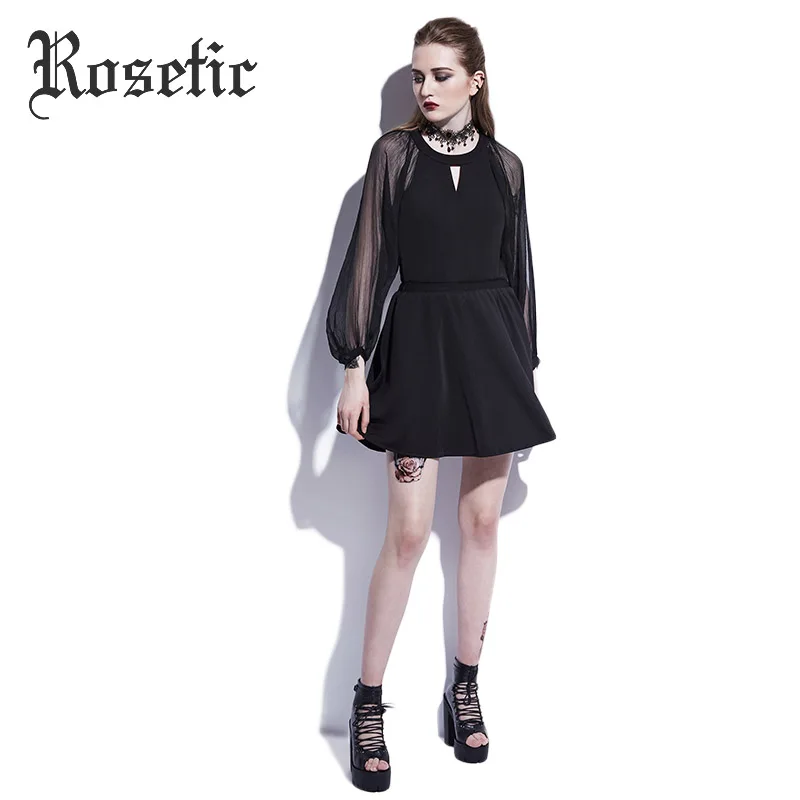 

Rosetic Gothic Mini Patchwork Dress Black Women Autumn Mesh A-Line Waist O-neck Lantern Sleeve Sexy Fashion Goth Female Dresses