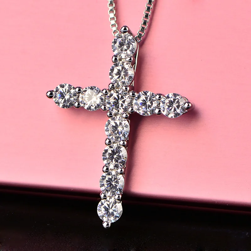 

Wholesal 12pcs/lot High Quality 5A Shiny Zirconia Cross Pendant Necklace 45cm Silver Box Chain Female Necklaces Choker for Women
