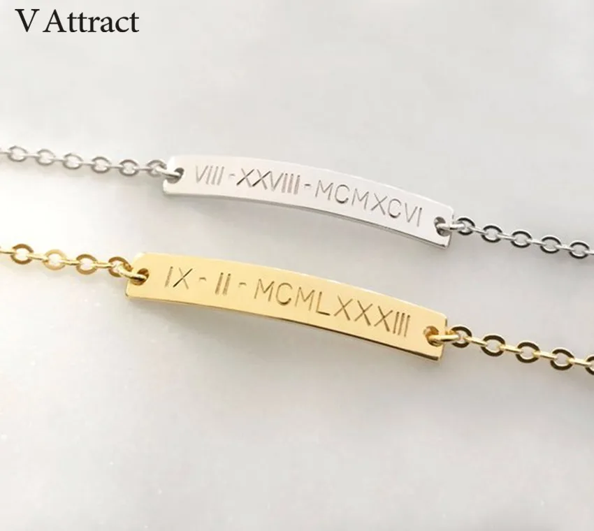 

30*8mm Bar Roman Numeral Dates Bracelet Personalized Charm Pulseira Masculina Gold Engraved Coordinate Bangle Vintage Jewelry
