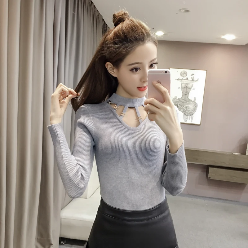 2018 Autumn Sexy Women Sweater And Pullover Hollow Round neck Female Tops Casual Solid color Knitted Pullovers Pull femme 2018 Autumn Sexy Women Sweater And Pullover Hollow Round neck Female Tops Casual Solid color Knitted Pullovers Pull femme