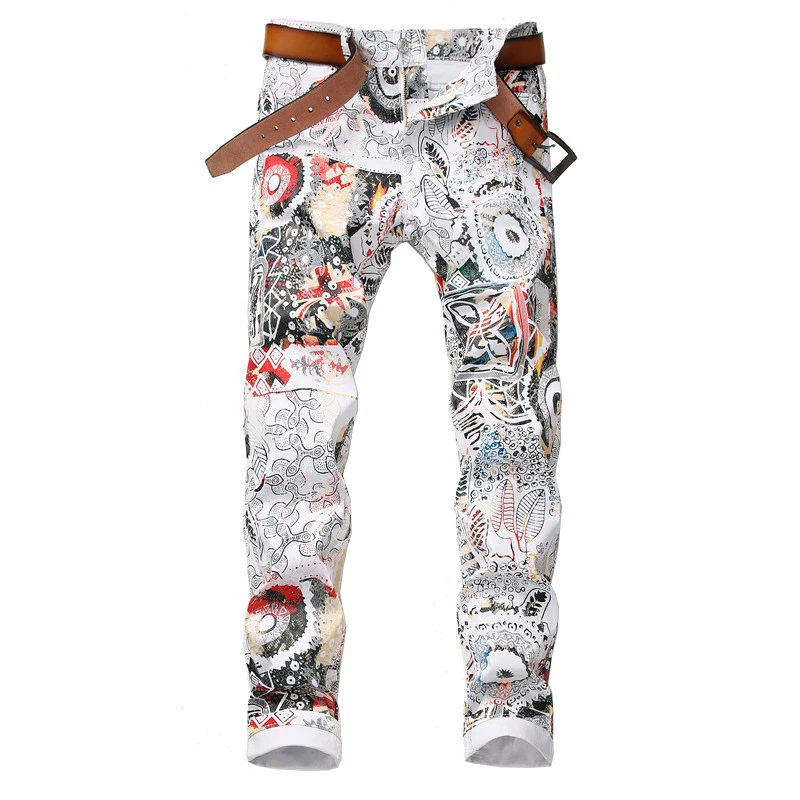 Sokotoo Men's fashion 3D leaf printed white jeans Slim fit stretch pencil pants Sokotoo Men's fashion 3D leaf printed white jeans Slim fit stretch pencil pants