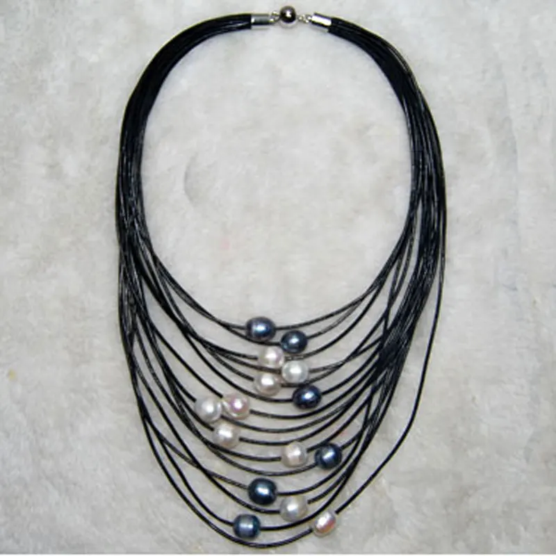 17-24 inches 15 Rows Women Customized Black Leather with 11-12mm Natural Multicolor Oval Freshwater Pearl Necklace