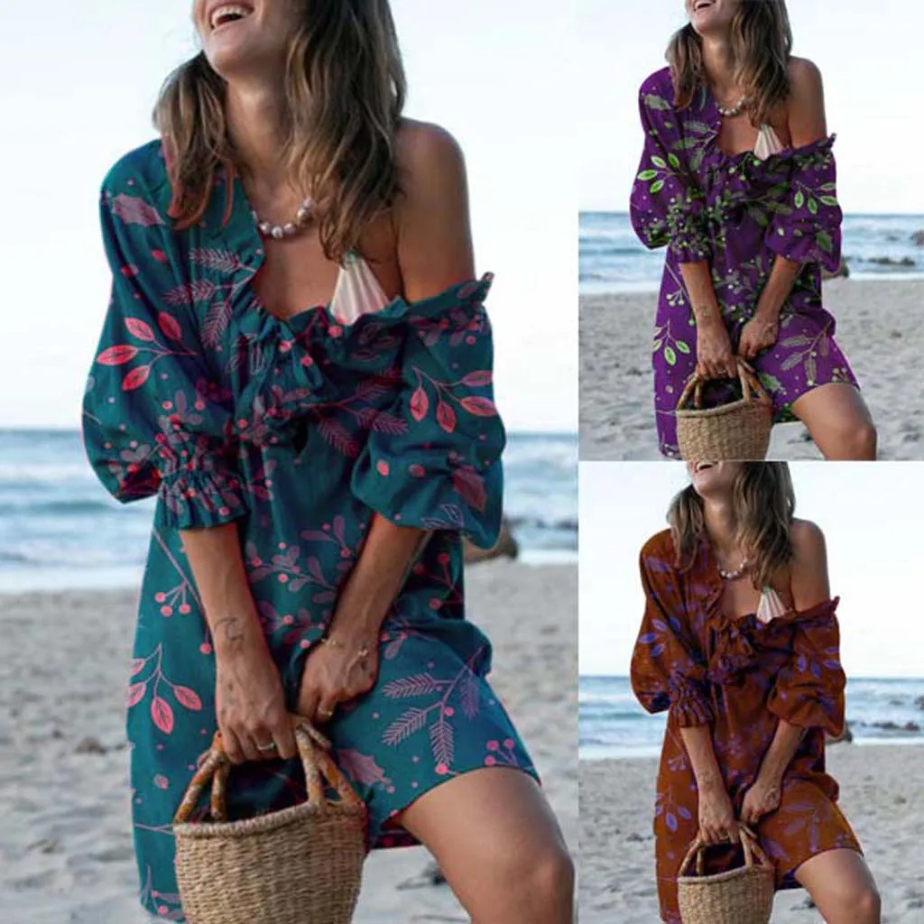 

Hawcoar Autumn Summer New Fashion Plus Size Women Bow Off Shoulder Floral Print Long Sleeve Irregular Casual Dress платье Z4