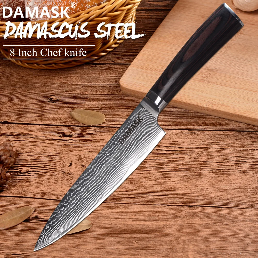 

DAMASK Kitchen Chef Knife VG10 Blade Damascus Steel Knives Color Wood Handle Japanese Knife Cleaver Santoku Utility Cooking Tool