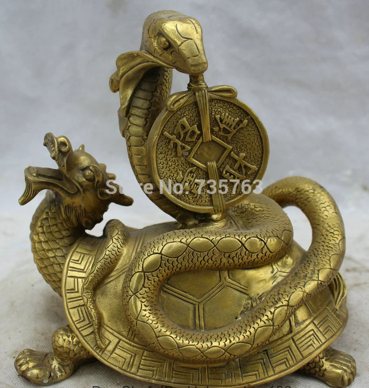 ZSR 001473 8&quot Chinese Folk Fengshui Brass Wealth Zodiac Snake Dragon Tortoise Turtle Statue | Дом и сад