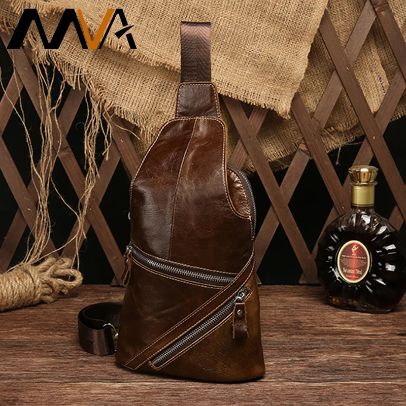 MVA Genuine Leather Chest Bag Male Crossbody Bags for Men Messenger Bag Men Leather Shoulder Sling Man Bags Chest Pack 8892 qibolu genuine leather mens sling bag single shoulder bag men chest pack messenger crossbody bag for man bolsas masculina mba37