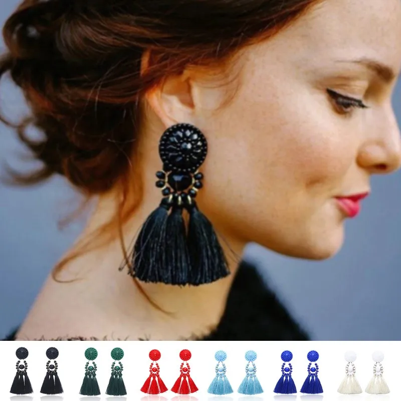 

Bohemia Tassel Earrings Crystal Long Drop Earrings Red Blue Trendy Cotton Rope Fringe Earring Jwelry For Women
