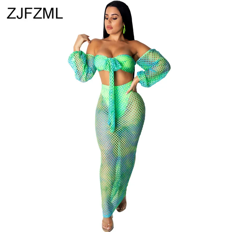 

Tie Dye Fishnet Hollow Out Sexy 2 Piece Matching Sets Women Off Shoulder Long Sleeve Crop Top + Bandage Maxi Skirt Beach Outfits