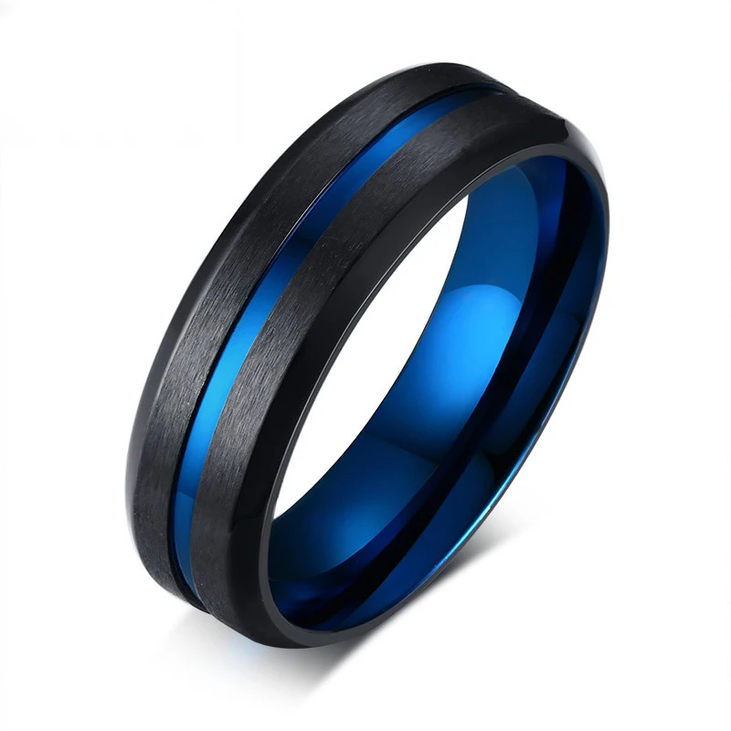 

6MM Black Stainless Steel Brushed Rings for Men Fashion Blue Groove Men's Rings Charm Wedding Engagement Jewelry Anel Masculino