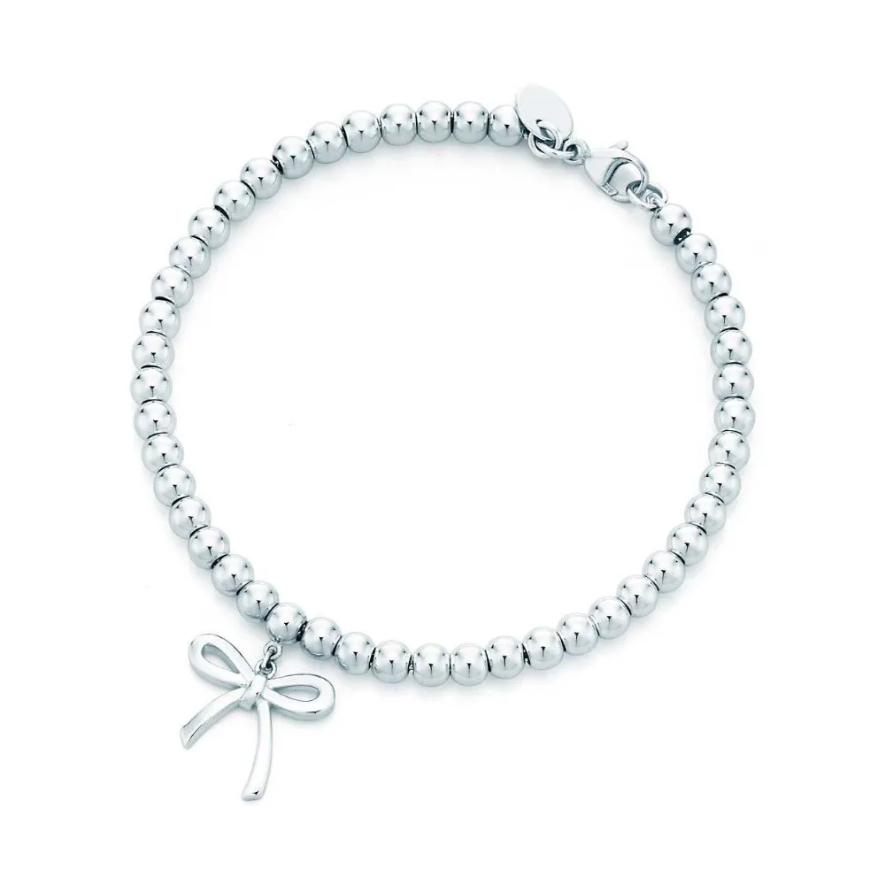 

TIFF 100% 925 Sterling Silver Beaded Bracelet Silver Bow Fit DIY Original jewelry Ladies Charm Jewelrys Birthday Gifts