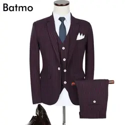 Batmo 2017 новое поступление Осень Высокое качество флис stripd Повседневная вина красные костюмы мужчин, торжественное платье, плюс Размер M-5XL tz80