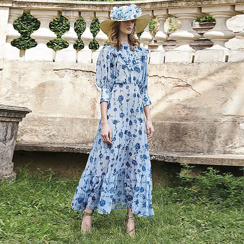 

Women holiday dress 2019 summer runways floral print ruffles dress Chic blue elegant dress A221