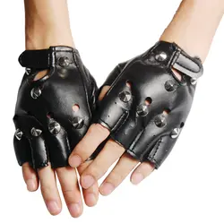 Мужская Cool Черный панк-рок шипованных из искусственной кожи перчатки без пальцев