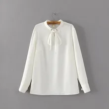 2016 New Fashion Women White O Neck With Bow Tie Blouse Vintage Long Sleeve Cozy Casual Brand Solid Tops Shirts For Office Lady