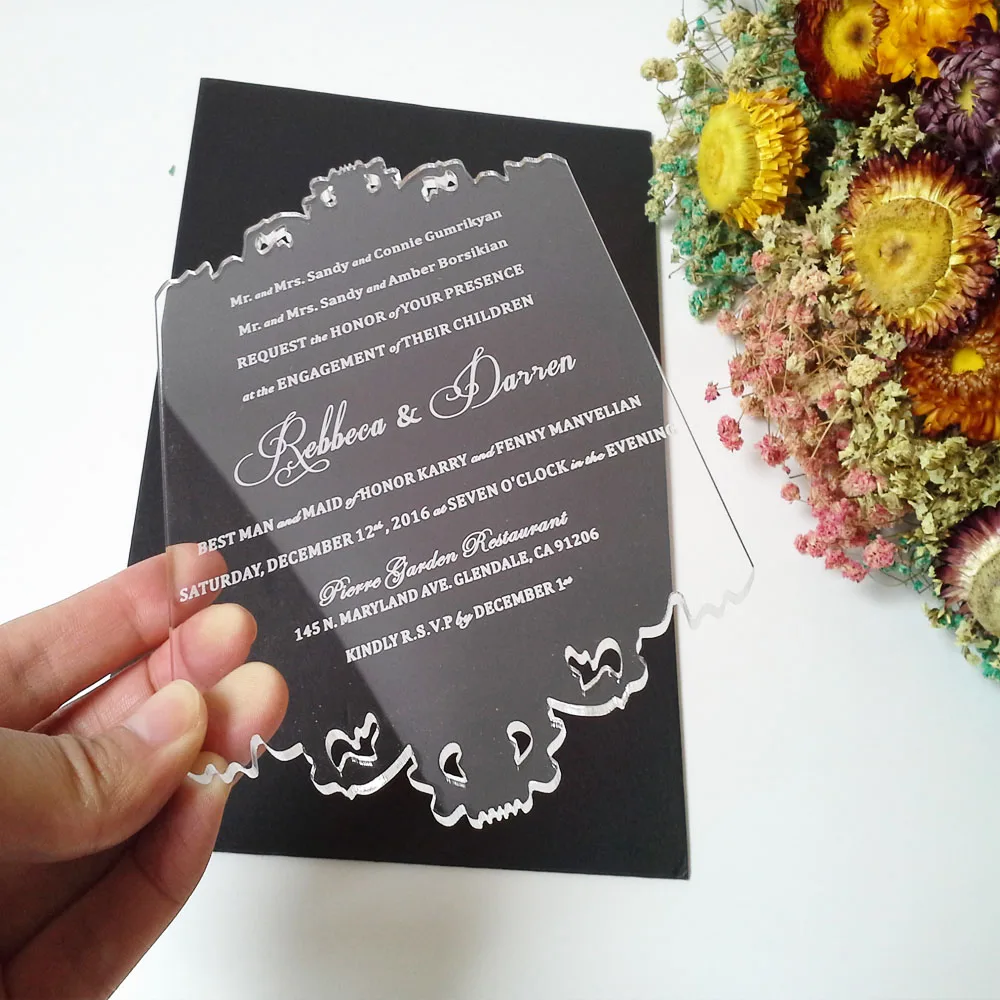  Customized 110*180mm laser engraved letters Hollow pattern clear acrylic wedding invitation card (1 - 32763446919