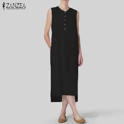 S 5XL ZANZEA длинное платье-рубашка летнее однотонное платье без рукавов Vestido 2019 женское повседневное элегантное офисное Открытое платье с