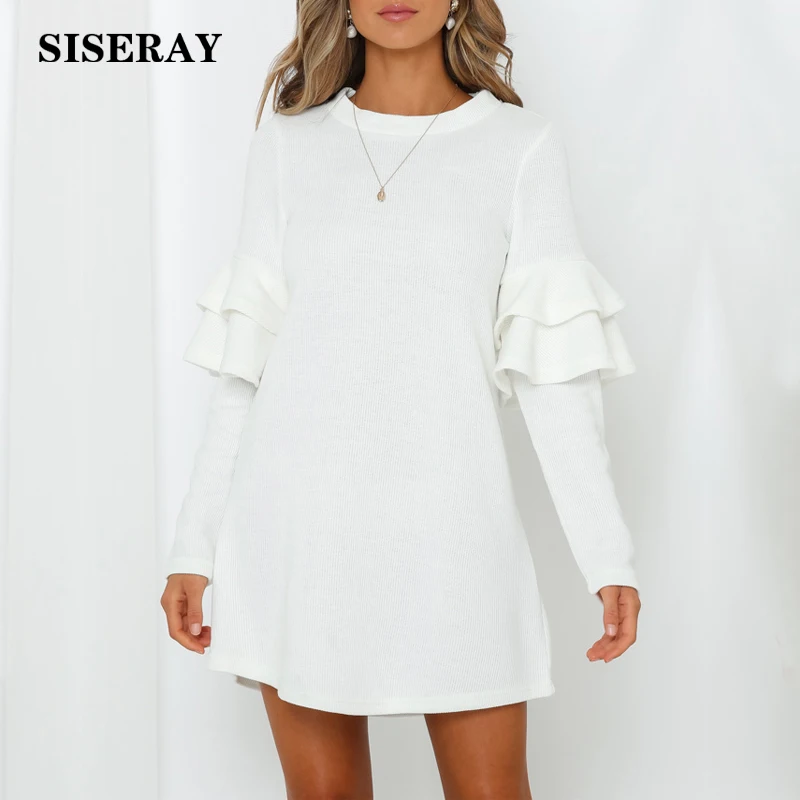 

2019 Autumn Simple Long Sleeve Ruffle Knit Dress Crew Neck Pullover Loose Casual Mini Dress Women Solid Shift Ladies Dresses