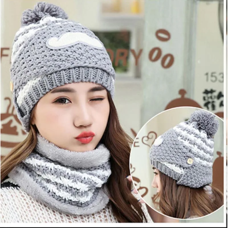 Милая зимняя Женская Полосатая вязанная шапочка, шапка, шарф, маска, шерсть, утолщенная теплая шапка, уличная Лыжная шляпа с козырьком, подарок - Цвет: Grey