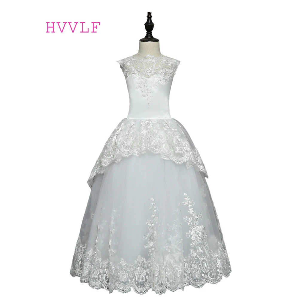 

White 2019 Flower Girl Dresses For Weddings Ball Gown Cap Sleeves Tulle Lace First Communion Dresses For Little Girls