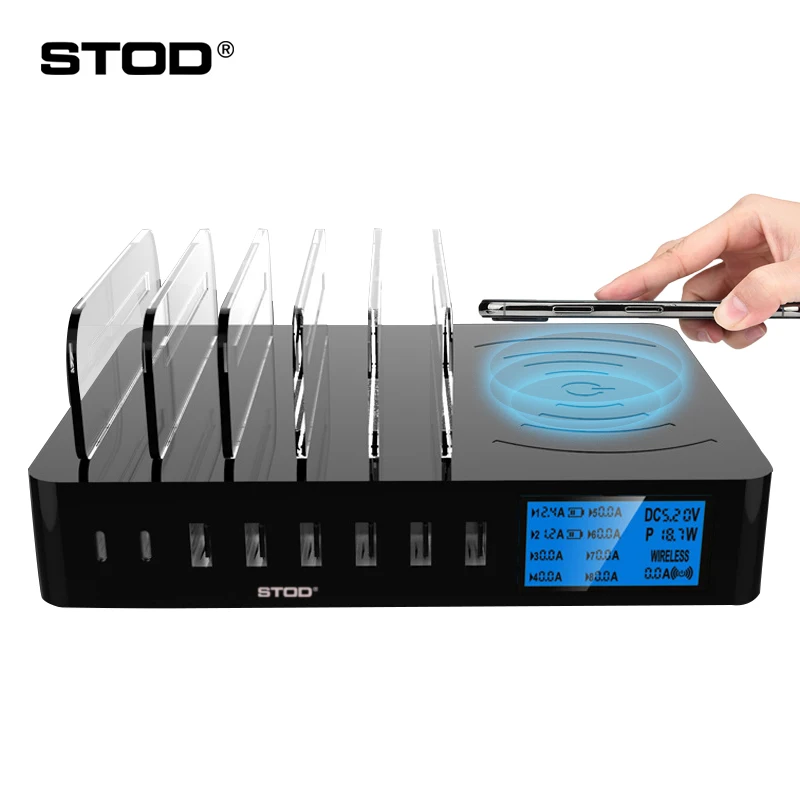 En Ligne STOD Smart USB chargeur Qi sans fil charge Staition 50W LCD affichage support de bureau pour iPhone X Samsung Huawei Mi 9 adaptateur secteur