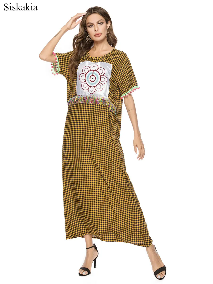 Siskakia Fashion Plaid Stripe Women Maxi Long Dress Print Tassel 3D Yellow Female Streetwear O neck Short Sleeve Loose Summer  (2)