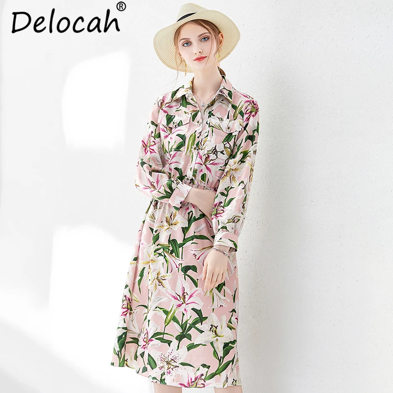 

Delocah Women Spring Autumn Midi Dress Runway Fashion A-Line Long Floral Printed Elegant Casual High Waist Shirt A-Line Drsses