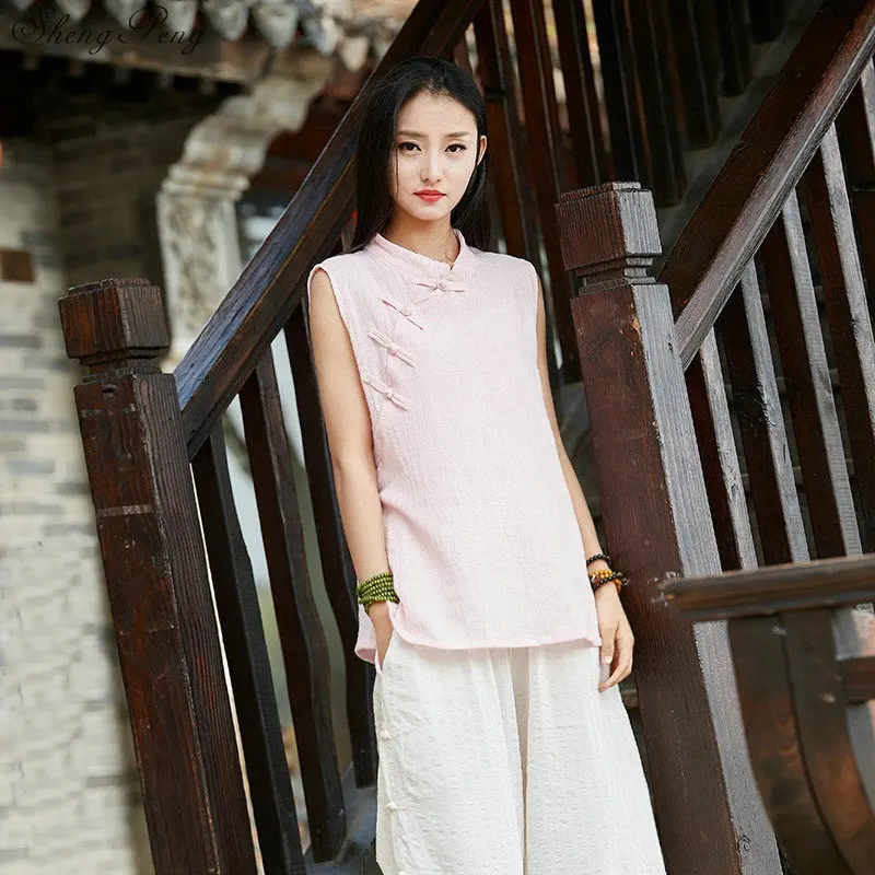 Традиционная китайская рубашка блузка женское платье-Ципао Топ кимоно кардиган льняной Китайский традиционный топ одежда V1599