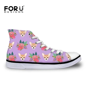 

FORUDESIGNS Kawaii Chihuahua Printed Casual Flat Fashion Students Walking Lace-Up Canvas Shoes 2019 New Women Vulcanize Shoes