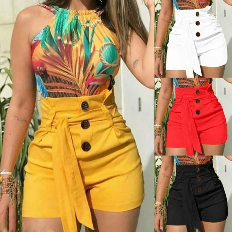 Womens Summer Plus Size High Waist Shorts Button Down Belted Lace Up Solid Color Skinny shorts Casual Night Clubwear S-5XL