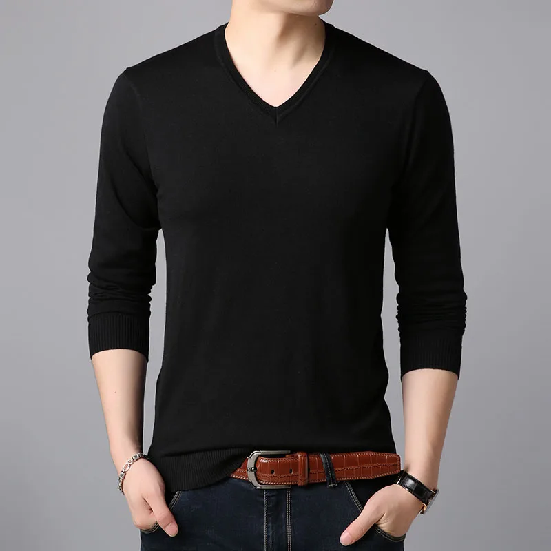 Модные брендовые свитера, мужские пуловеры с v-образным вырезом, облегающие вязаные Джемперы, одноцветные, зимние, корейский стиль, повседневная мужская одежда - Цвет: Черный