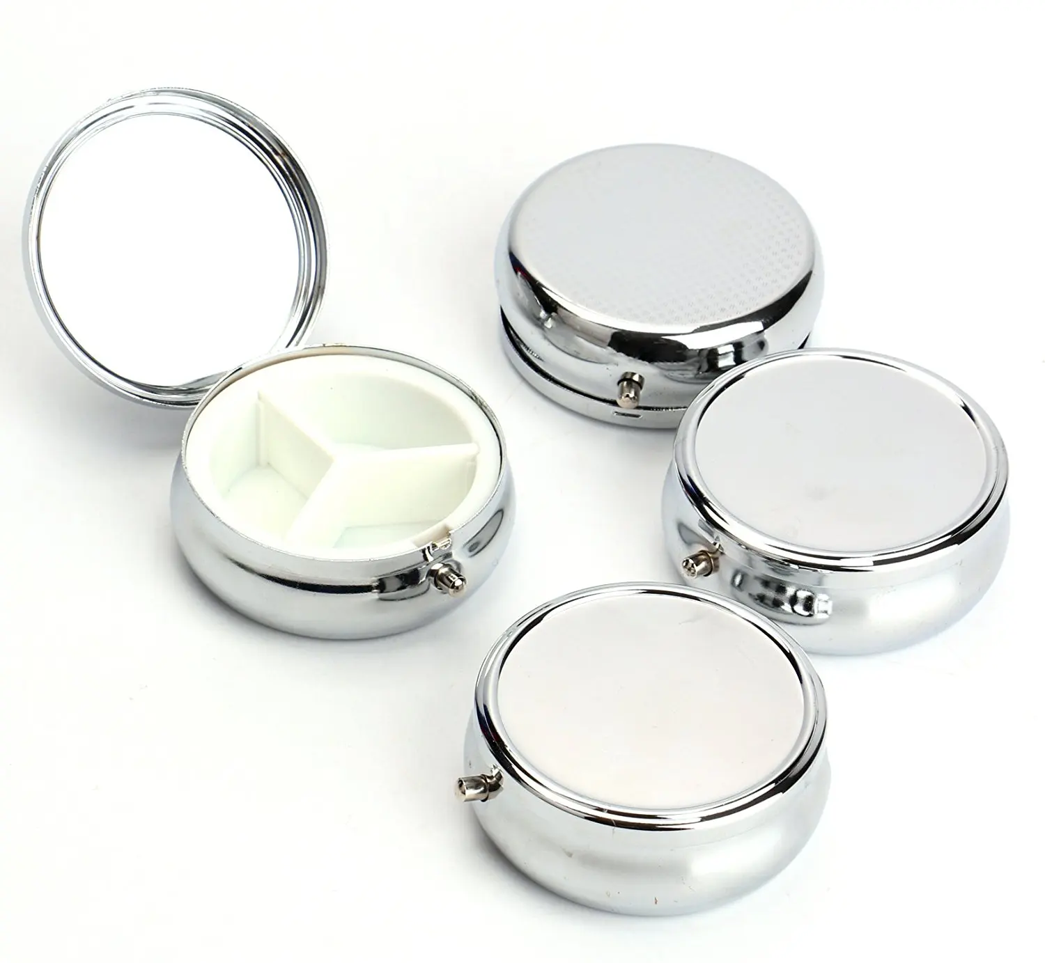 

1Pcs Metal Round Silver Tablet Pill Boxes Holder 3 Compartment Medicine Case Container Small Hearth Makeup Storage Organizer