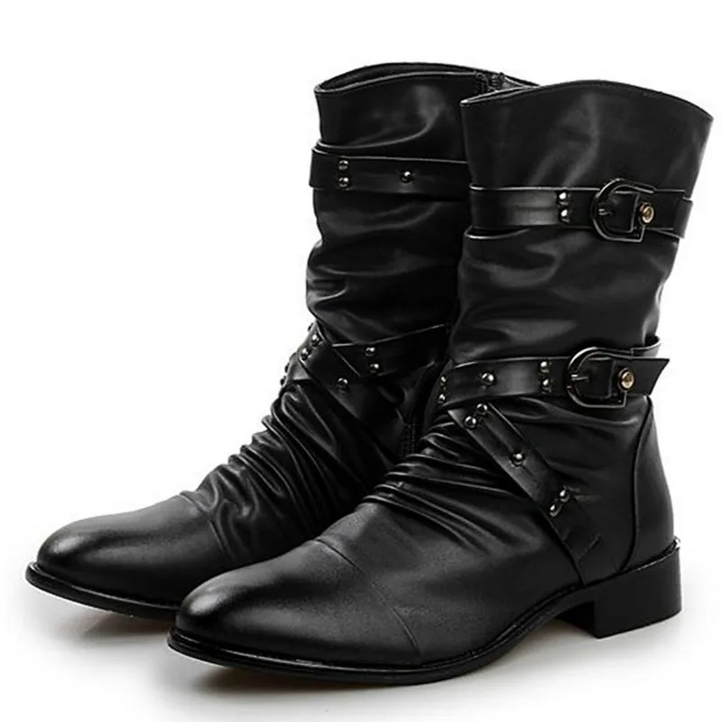 Высококачественные армейские ботинки; мужские высокие военные ботинки; мужские ботинки до середины икры; металлические мужские панк-сапоги для езды на мотоцикле; Весенняя Мужская обувь в стиле рок - Цвет: Черный