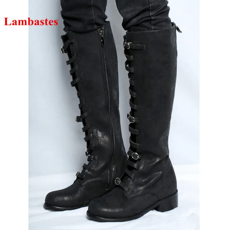 

Retro Bottines Femme Black Cuts Out Buckle Strap Designer Zipper Knee High Boots Women Round Toe Med Heel Leather Botas Mujer