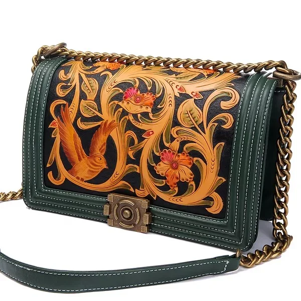

Chinese Traditional Flowers and Birds Style Genuine Leather Carved Women Green Flap Bag Chain Purse Ladies Single Shoulder Bag