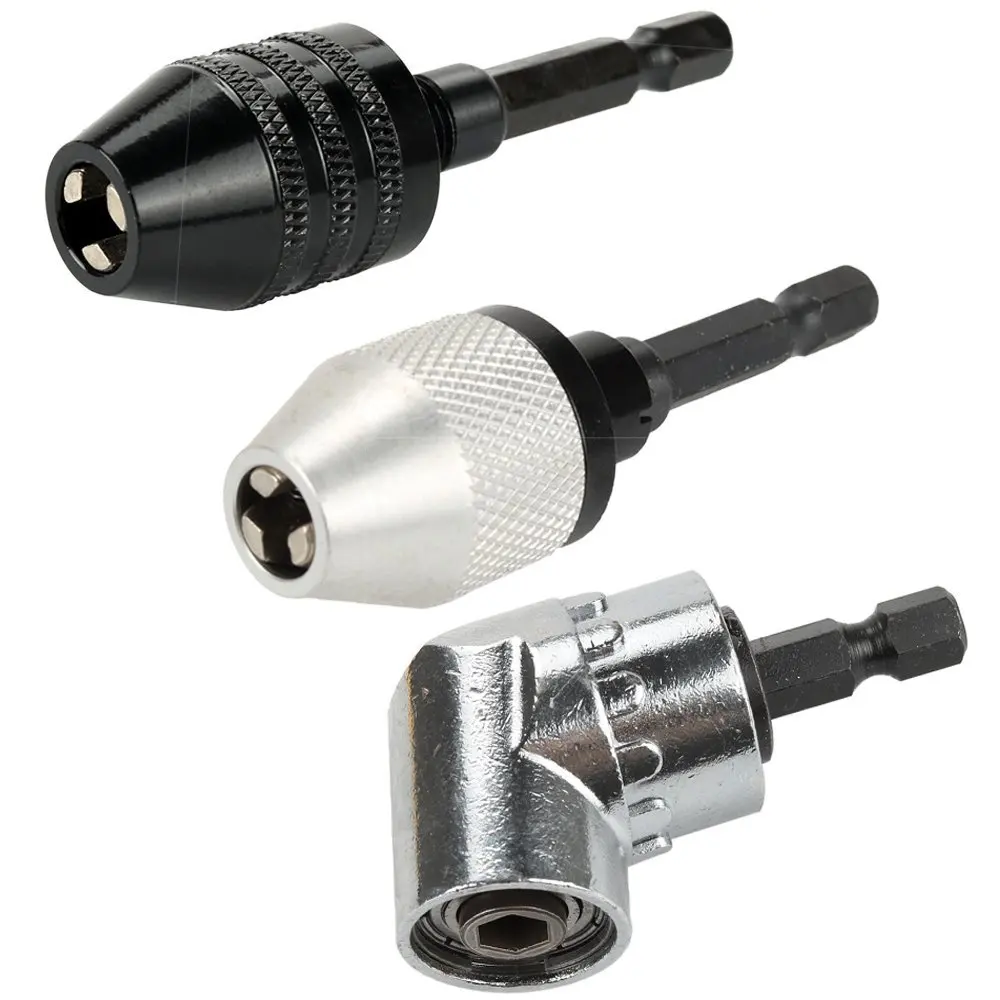 

2PCS 0.3-6.5mm Keyless Drill Chuck Conversion Tool Screwdriver Adaptor + 1PC 105 Degree Right Angle Driver Angle Extension Power